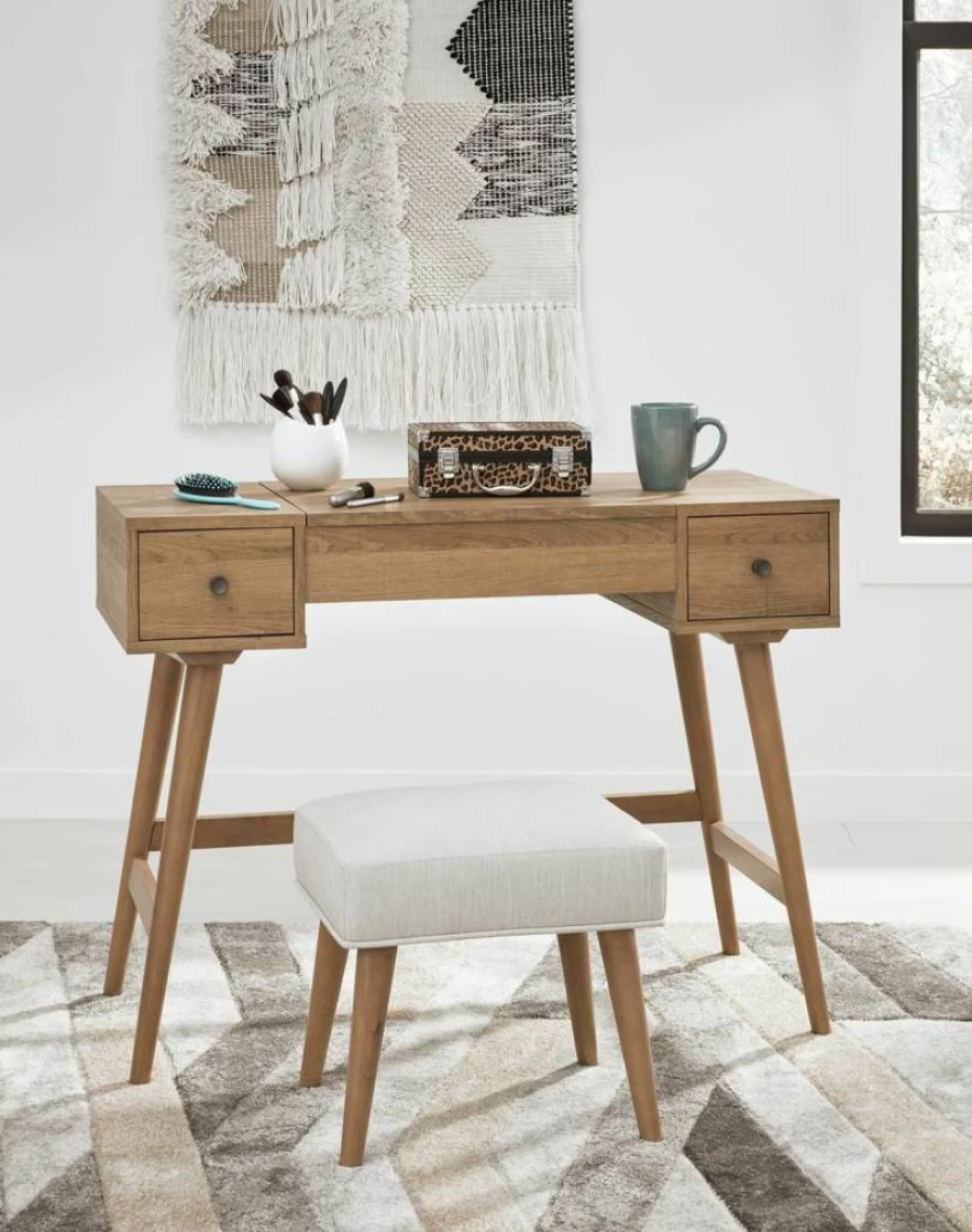Signature Design by Ashley Thadamere Light Brown & White Vanity Set with Stool and Mirror