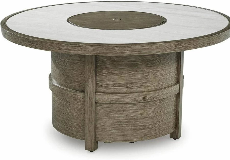 Signature Design by Ashley Rainier Ranch Modern Outdoor Fire Pit Table with Sintered Stone Top & Pedestal Base in Light Brown & Beige