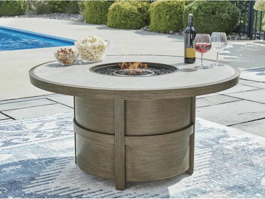 Signature Design by Ashley Rainier Ranch Modern Outdoor Fire Pit Table with Sintered Stone Top & Pedestal Base in Light Brown & Beige
