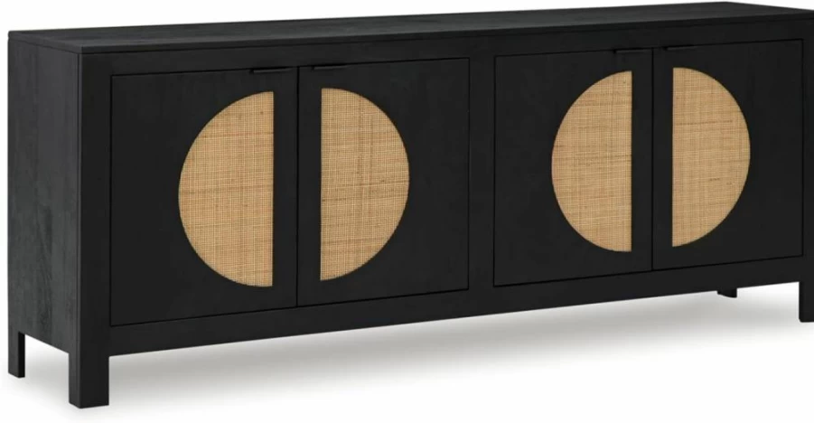 Signature Design by Ashley Cliffings 4-Door Accent Cabinet with Woven Cane Fronts, Black & Light Brown Contemporary Storage Cabinet with 2 Shelves