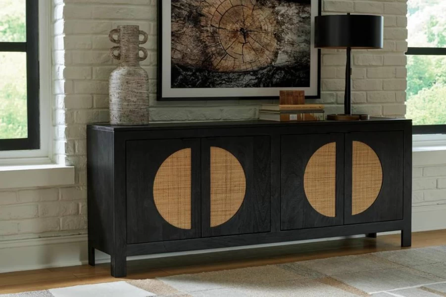 Signature Design by Ashley Cliffings 4-Door Accent Cabinet with Woven Cane Fronts, Black & Light Brown Contemporary Storage Cabinet with 2 Shelves