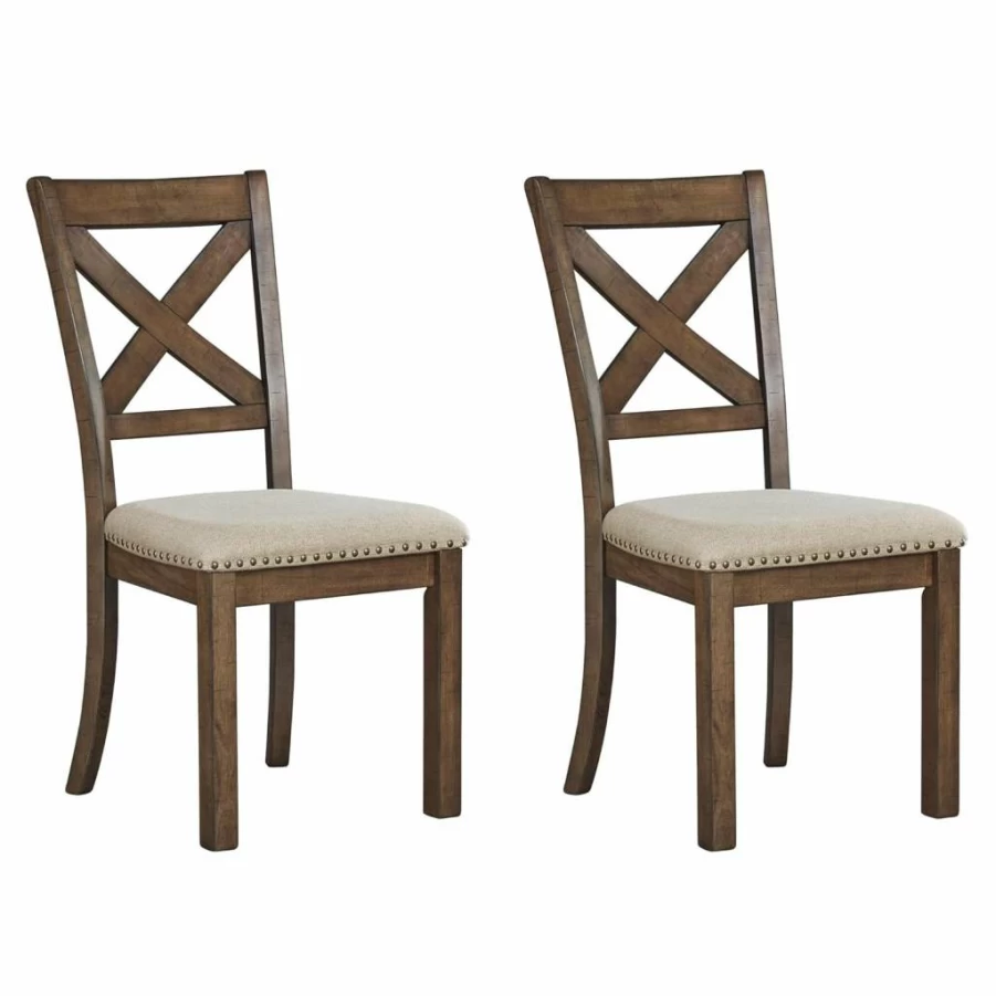 Signature Design by Ashley Moriville Modern Farmhouse 19" Upholstered Dining Chair - Set of 2, Brown, Rustic Kitchen Seating, Comfortable Fabric Dining Room Chairs