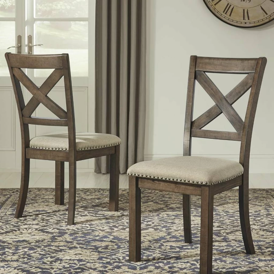 Signature Design by Ashley Moriville Modern Farmhouse 19" Upholstered Dining Chair - Set of 2, Brown, Rustic Kitchen Seating, Comfortable Fabric Dining Room Chairs