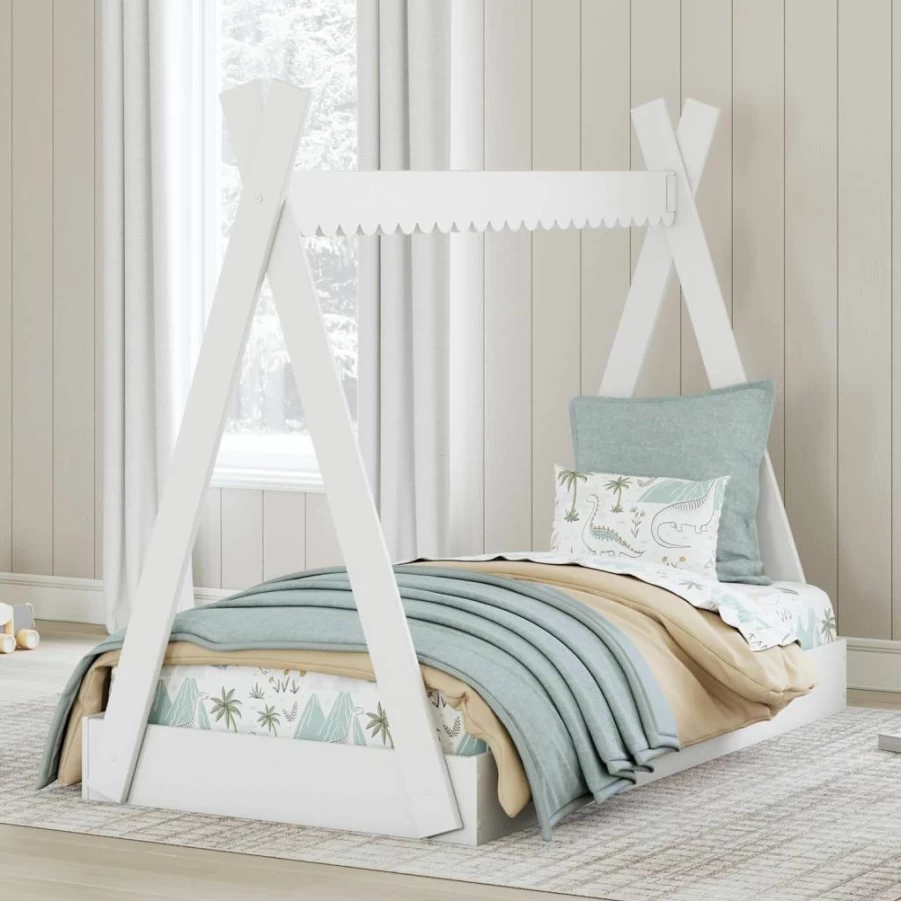 Signature Design by Ashley Hallityn Twin Floor Tent Bed for Kids & Toddlers, No Box Spring Required, White Youth Casual Bed