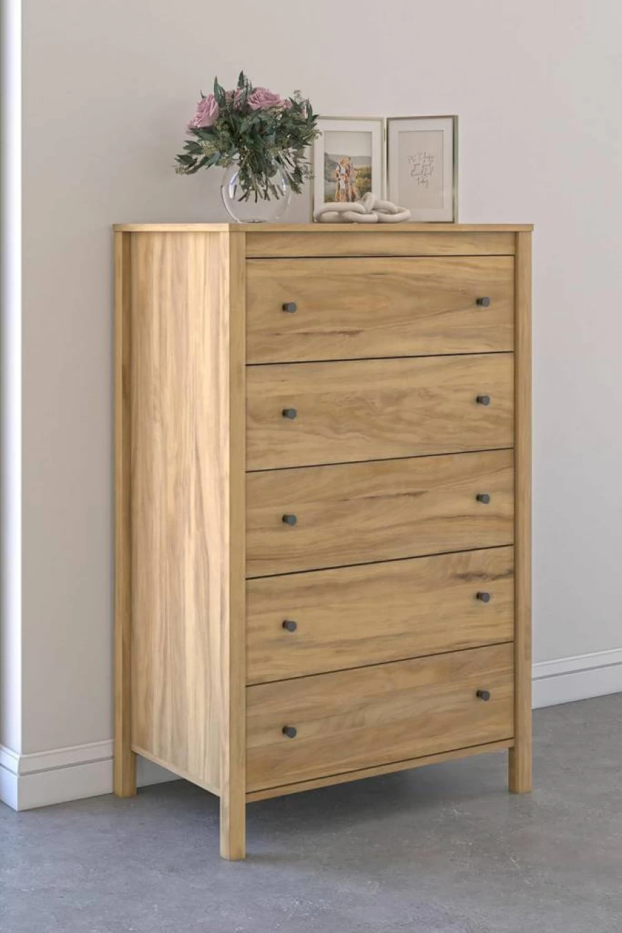 Signature Design by Ashley Bermacy Vintage Light Brown 5-Drawer Chest with Safety Stop - Solid Wood Dresser for Bedroom Storage