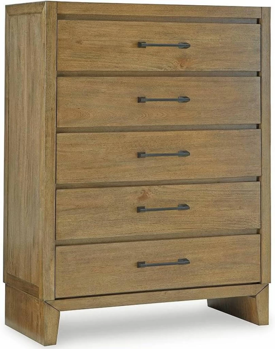 Signature Design by Ashley Sherbana 5-Drawer Dresser with Safety Stop, Felt-Lined Top Drawer, Light Brown Chest of Drawers