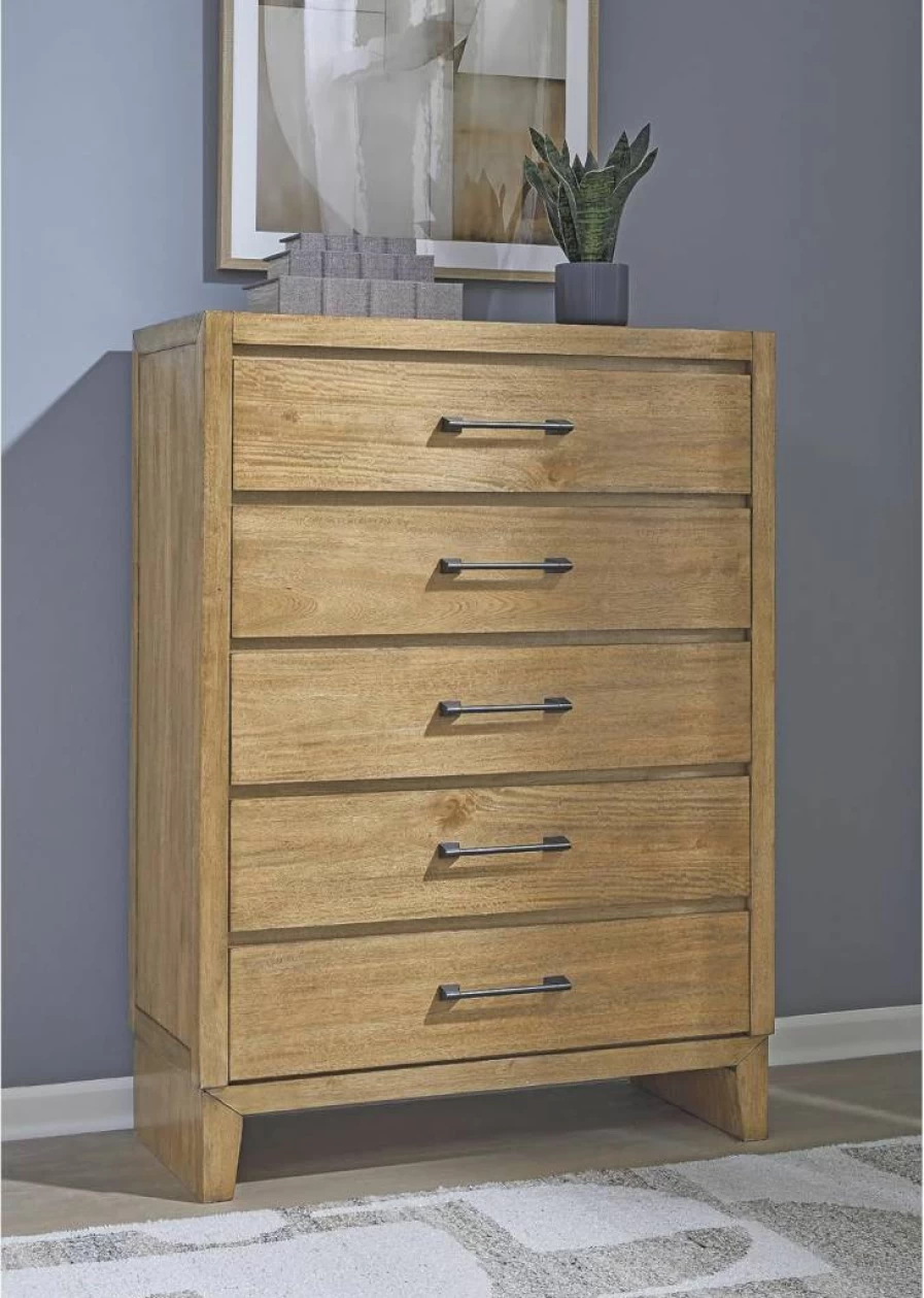 Signature Design by Ashley Sherbana 5-Drawer Dresser with Safety Stop, Felt-Lined Top Drawer, Light Brown Chest of Drawers