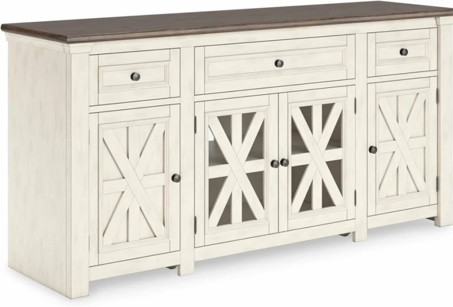 Signature Design by Ashley Bolanburg 72" Farmhouse TV Stand with 3 Cabinets, Adjustable Shelves, Whitewash Finish, Two-Tone Design
