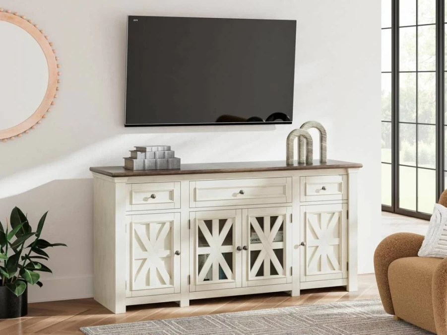 Signature Design by Ashley Bolanburg 72" Farmhouse TV Stand with 3 Cabinets, Adjustable Shelves, Whitewash Finish, Two-Tone Design