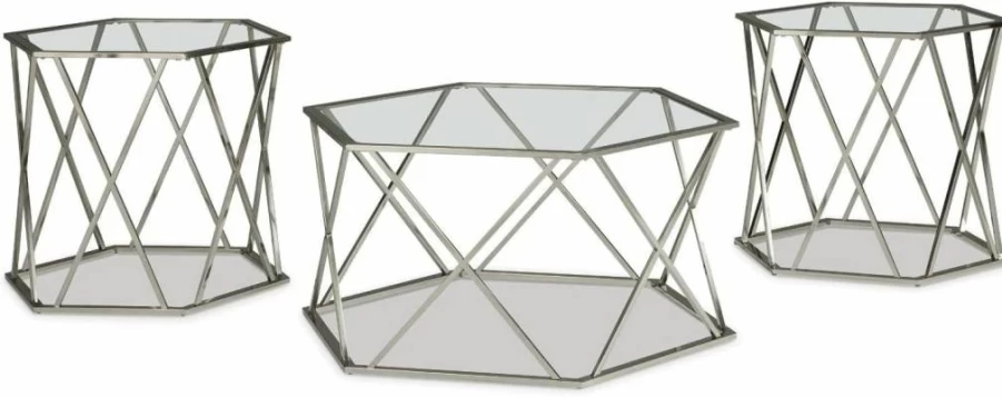 Signature Design by Ashley Madanere 3-Piece Chrome Occasional Table Set - Modern Silver Coffee Table & 2 End Tables