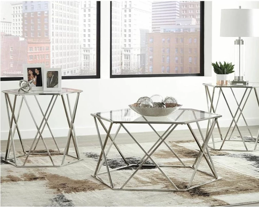 Signature Design by Ashley Madanere 3-Piece Chrome Occasional Table Set - Modern Silver Coffee Table & 2 End Tables