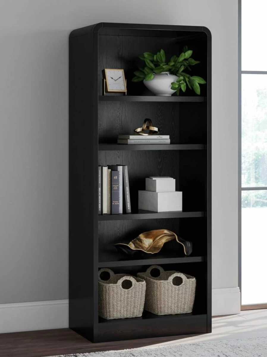 Signature Design by Ashley Rowanbeck 72" Modern 5-Tier Bookcase with 3 Adjustable Shelves - Freestanding Black Bookshelf for Home Office