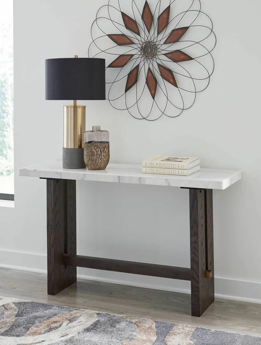 Signature Design by Ashley Burkhaus Sofa Table - Traditional Dark Brown Wood with White Marble Top, Rectangular Console Table for Living Room