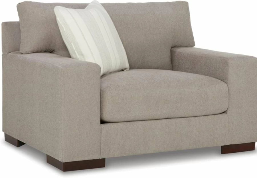 Signature Design by Ashley Maggie Contemporary Oversized Upholstered Chair with Accent Pillow, Light Brown Fabric, Modern Living Room Seating