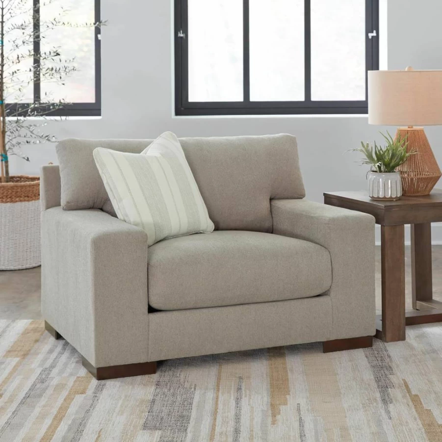 Signature Design by Ashley Maggie Contemporary Oversized Upholstered Chair with Accent Pillow, Light Brown Fabric, Modern Living Room Seating