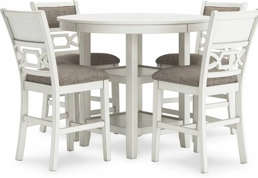 Signature Design by Ashley Erinberg Counter Height Dining Set - White & Light Gray Table with 4 Upholstered Bar Stools, Footrest & 2 Shelves, 5-Piece Collection
