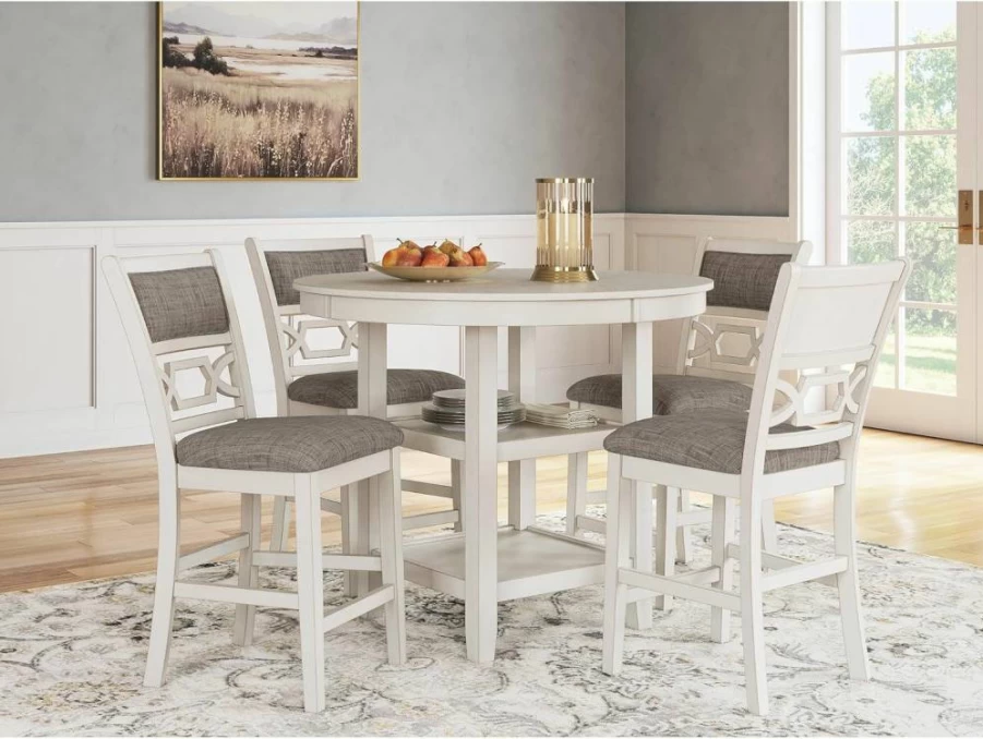 Signature Design by Ashley Erinberg Counter Height Dining Set - White & Light Gray Table with 4 Upholstered Bar Stools, Footrest & 2 Shelves, 5-Piece Collection