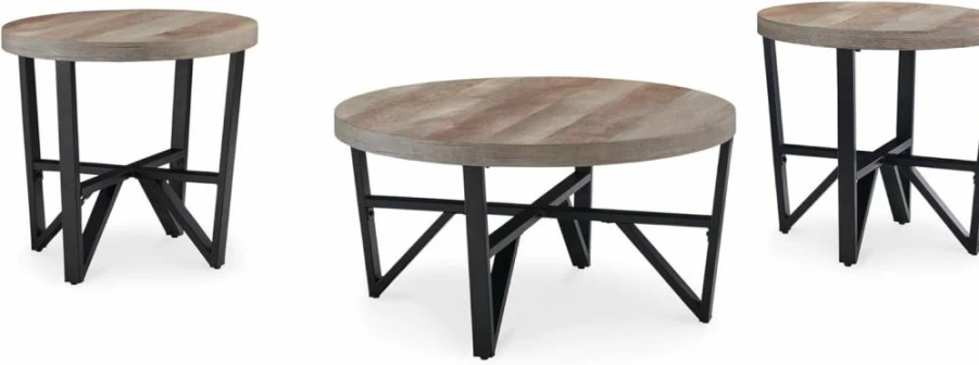 Signature Design by Ashley Deanlee 3-Piece Contemporary Light Brown & Black Metal Frame Table Set - Dining or Kitchen Accent