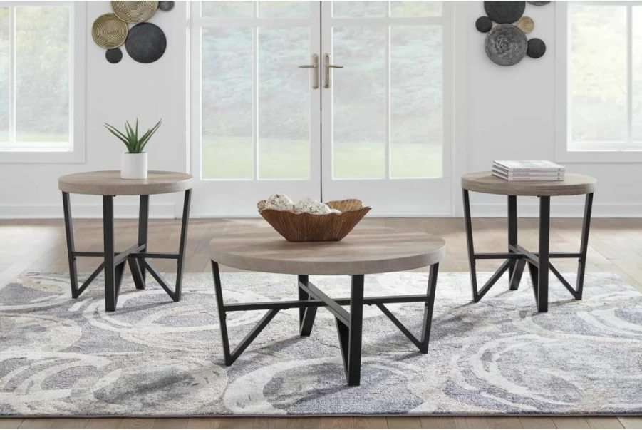 Signature Design by Ashley Deanlee 3-Piece Contemporary Light Brown & Black Metal Frame Table Set - Dining or Kitchen Accent