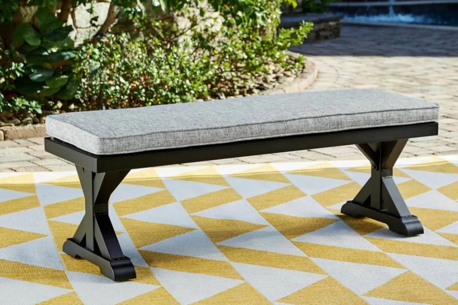 Signature Design by Ashley Beachcroft Farmhouse Outdoor Dining Bench - Upholstered Patio Seating in Beige