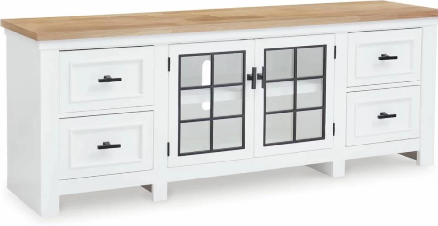 Signature Design by Ashley Ashbryn 74" TV Stand with Adjustable Shelves & Cabinets, White & Light Brown Media Console for TVs Up to 84