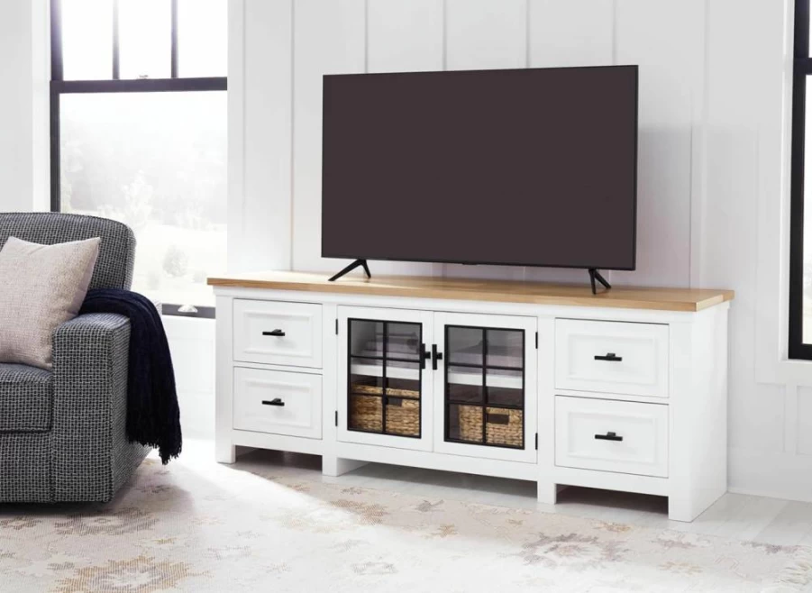 Signature Design by Ashley Ashbryn 74" TV Stand with Adjustable Shelves & Cabinets, White & Light Brown Media Console for TVs Up to 84