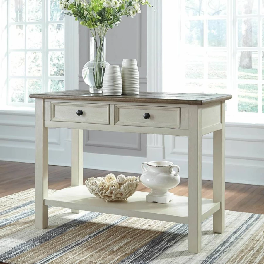 Signature Design by Ashley Bolanburg Farmhouse Two-Tone Sofa Table in Antique Cream - Rustic Rectangular Console Table for Living Room