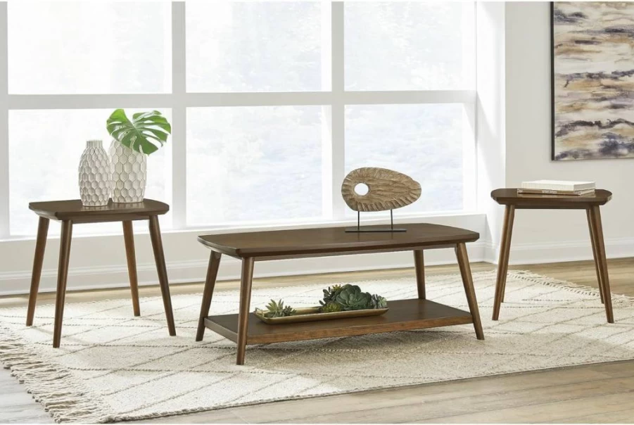 Signature Design by Ashley Lyncott 3-Piece Dark Brown Minimalist Table Set with Round Tapered Legs and Lower Shelf