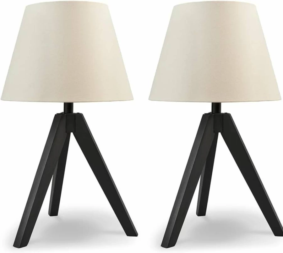 Signature Design by Ashley Laifland 24" Mid Century Modern Wood Table Lamp Set - 2-Pack Black & Beige Bedside Lamps for Living Room, Bedroom