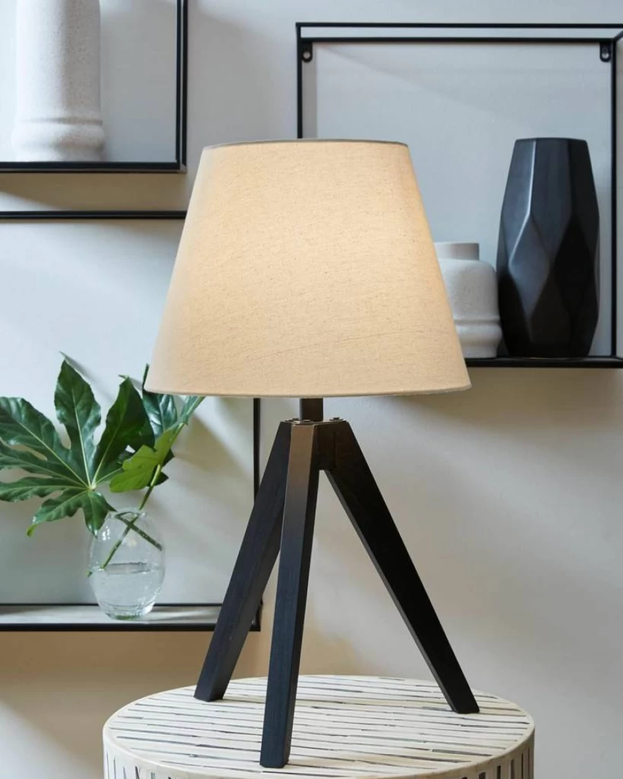 Signature Design by Ashley Laifland 24" Mid Century Modern Wood Table Lamp Set - 2-Pack Black & Beige Bedside Lamps for Living Room, Bedroom
