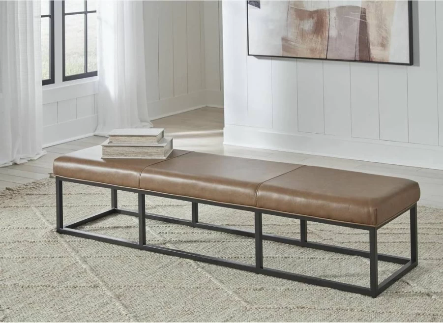 Signature Design by Ashley Joston 71" Light Brown & Black Accent Bench, Modern Upholstered Seat for Living Room, Bedroom, or Entryway