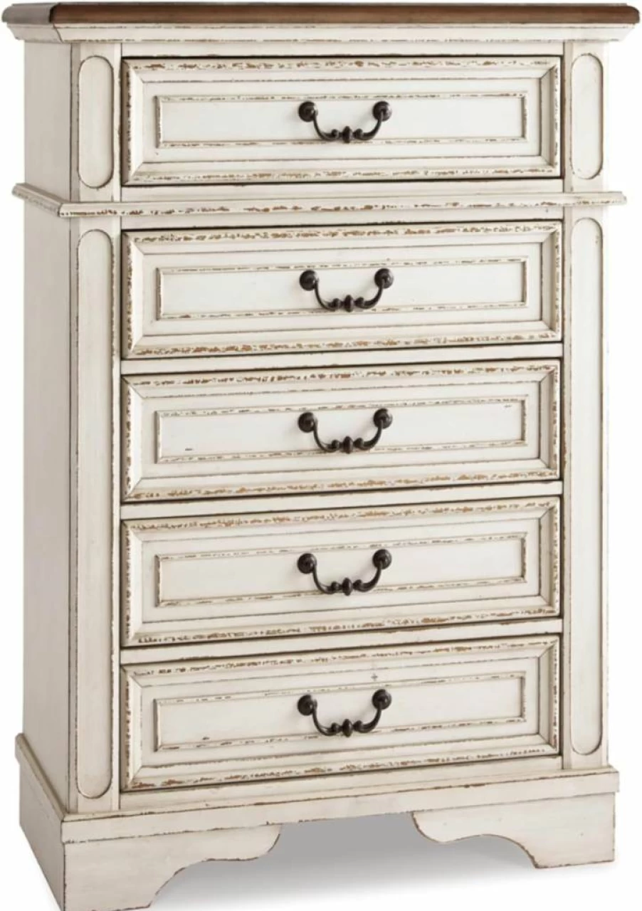 Signature Design by Ashley Realyn 5-Drawer Vintage White Chest Dresser for Bedroom Storage