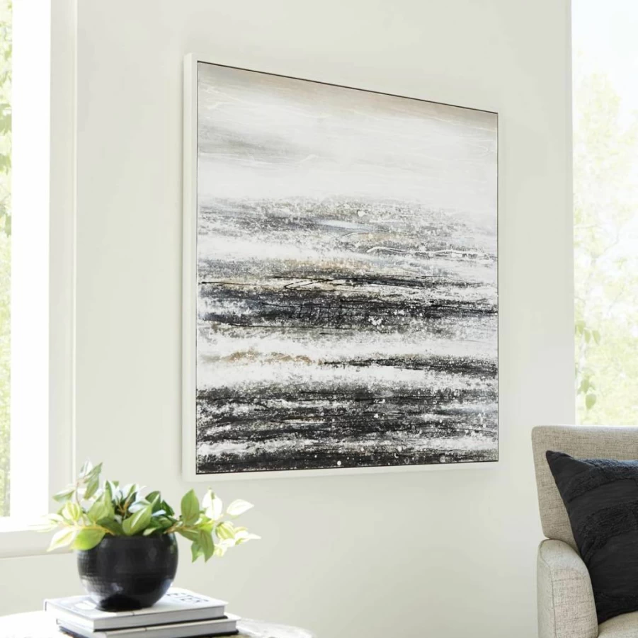 Signature Design by Ashley Yeschester Abstract Hand Painted Canvas Wall Art - Contemporary White Gray Navy Framed Gallery Wrap Painting