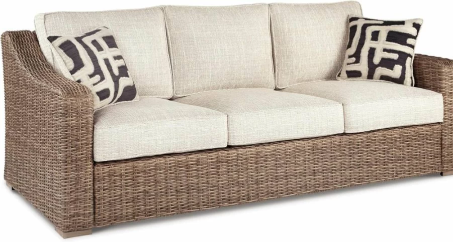 Signature Design by Ashley Beachcroft Outdoor Wicker Patio Corner Chair - Farmhouse Style, Beige, Curved Design for Garden & Deck