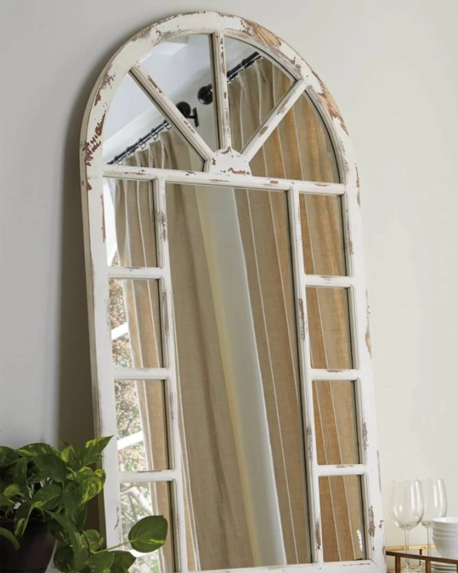 Signature Design by Ashley Divakar Farmhouse White Antiqued Wood Framed Wall Mirror - Rustic Decor Accent Mirror