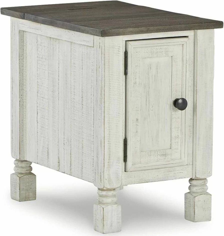 Signature Design by Ashley Havalance French Country Side Table - White & Gray Distressed Finish End Table for Living Room