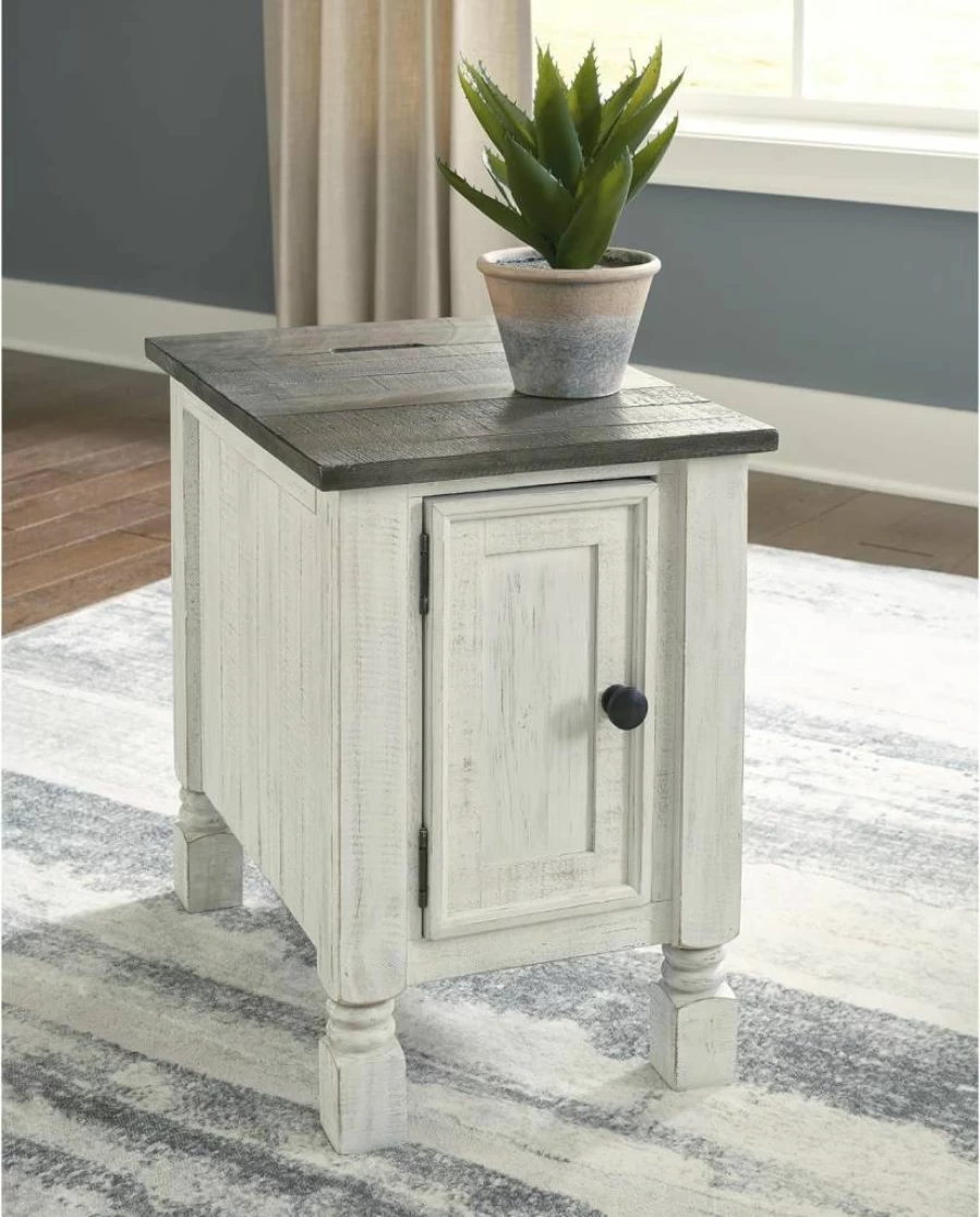 Signature Design by Ashley Havalance French Country Side Table - White & Gray Distressed Finish End Table for Living Room