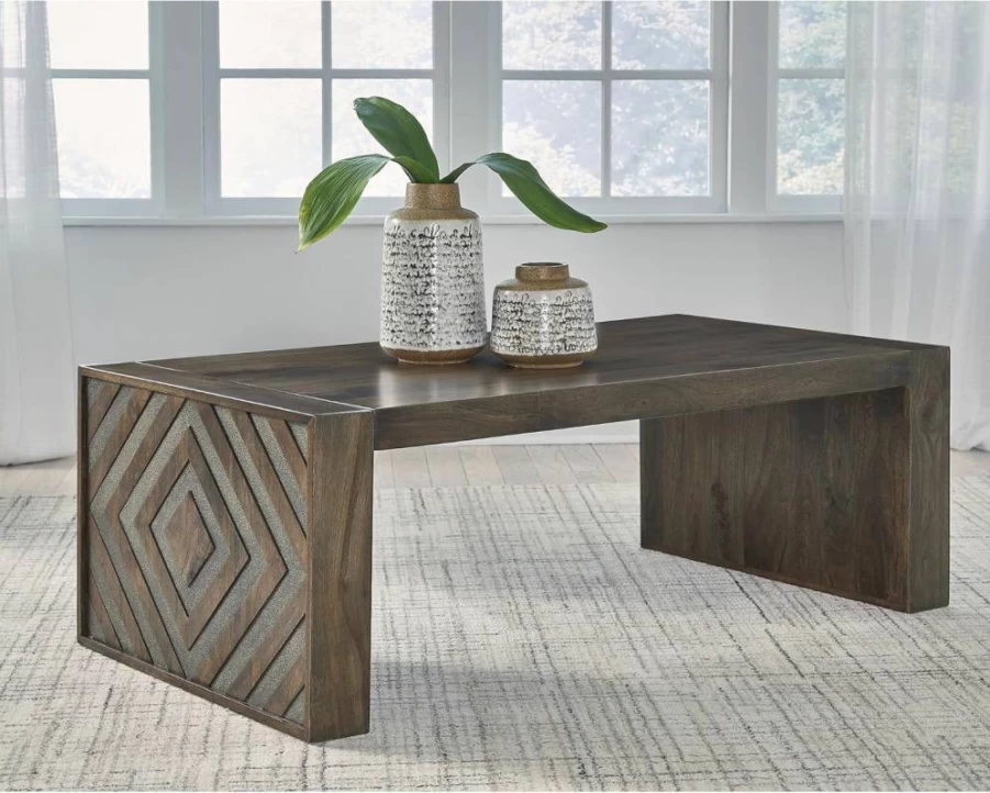 Signature Design by Ashley Dreggan Coffee Table - Dark Brown & Gray Finish with Carved Diamond Pattern, Casual Living Room Furniture