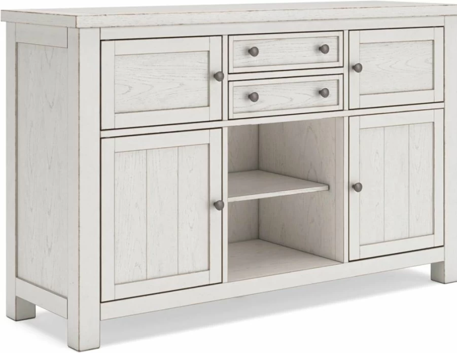Signature Design by Ashley Robbinsdale White 4-Door Dining Server with Adjustable Shelves & Felt Lined Drawers, Casual Kitchen Storage Buffet