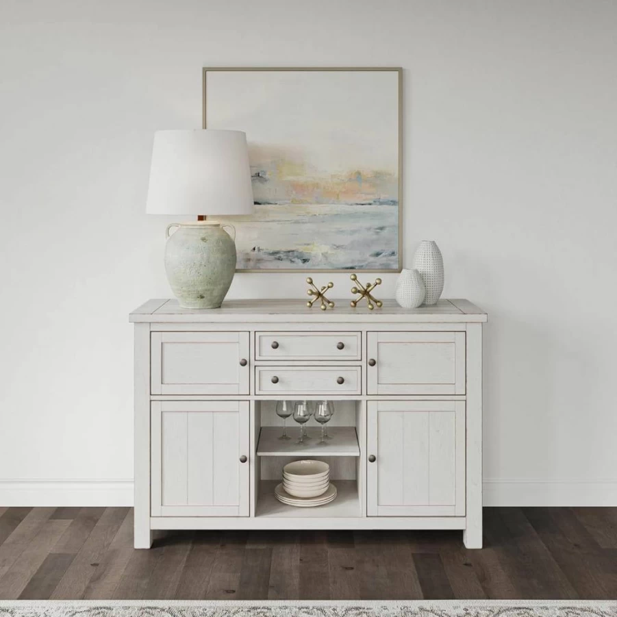 Signature Design by Ashley Robbinsdale White 4-Door Dining Server with Adjustable Shelves & Felt Lined Drawers, Casual Kitchen Storage Buffet