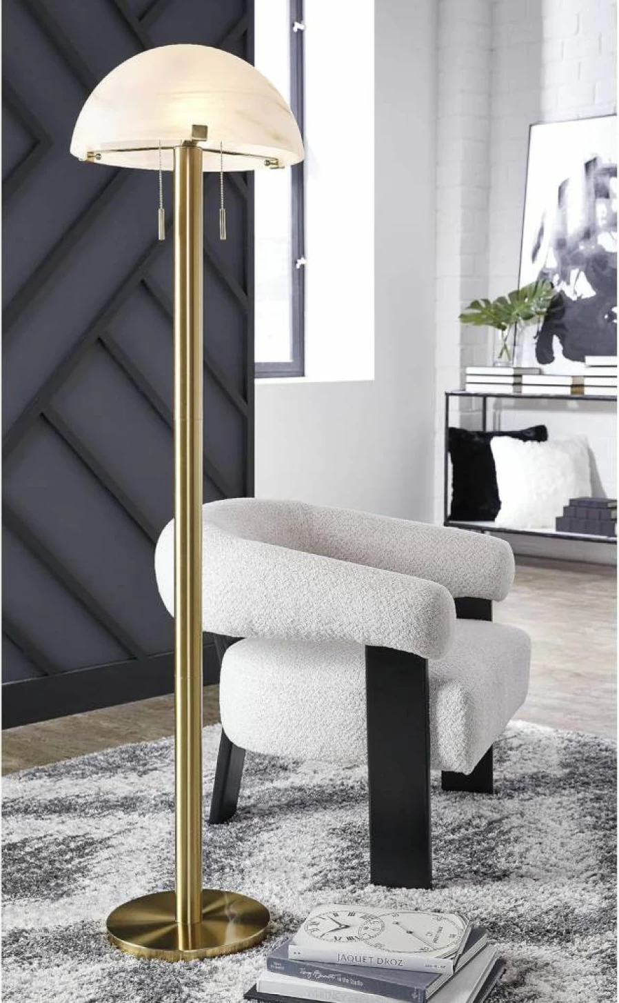 Signature Design by Ashley Tobbinsen Vintage Industrial Floor Lamp - Metal & Glass Shade, Pull Chain Switch, Dual Socket, Metallic White Finish