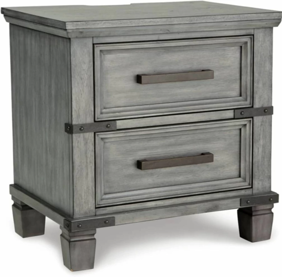 Signature Design by Ashley Russelyn Nightstand with USB Ports & Outlets, 2 Smooth Gliding Drawers, Rustic Gray Finish