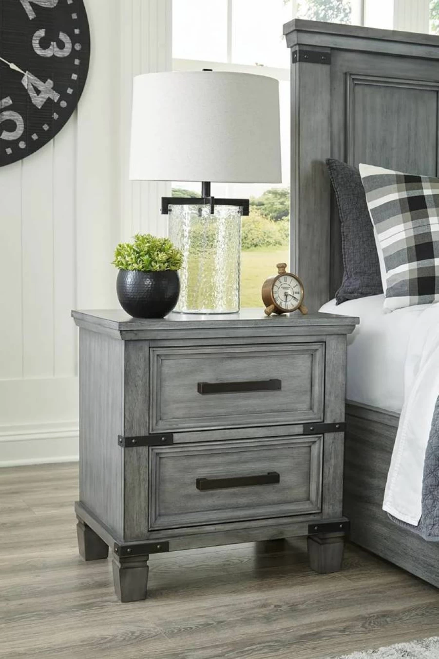 Signature Design by Ashley Russelyn Nightstand with USB Ports & Outlets, 2 Smooth Gliding Drawers, Rustic Gray Finish