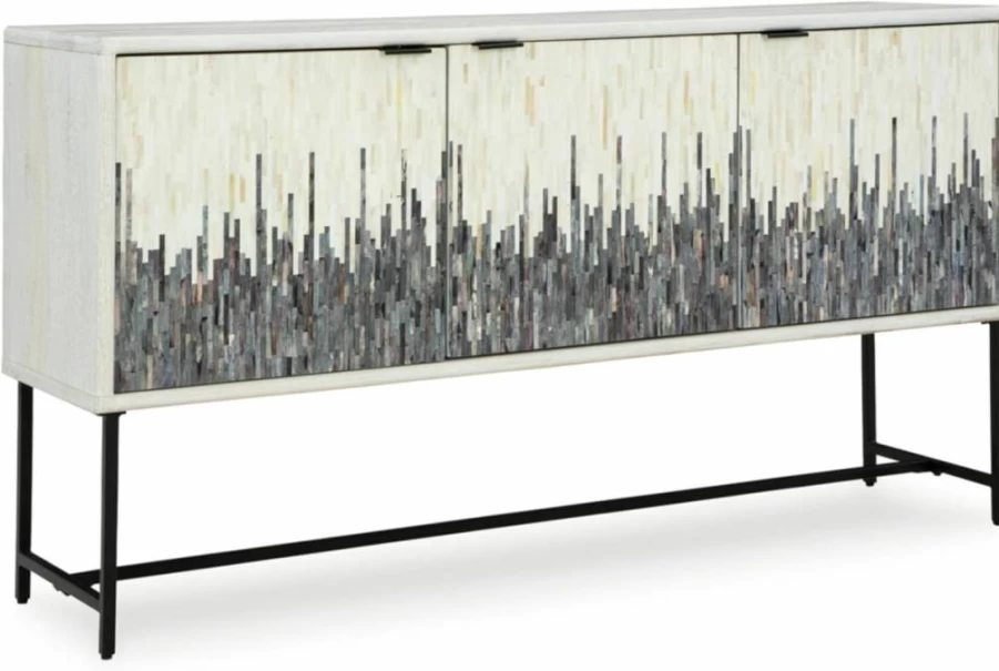 Signature Design by Ashley Freyton 3-Door Accent Cabinet - Distressed White & Gray Finish, Urban Strip Pattern, 2 Shelves, Cord Management