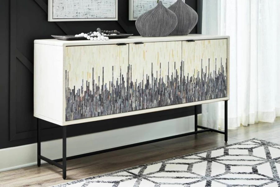 Signature Design by Ashley Freyton 3-Door Accent Cabinet - Distressed White & Gray Finish, Urban Strip Pattern, 2 Shelves, Cord Management