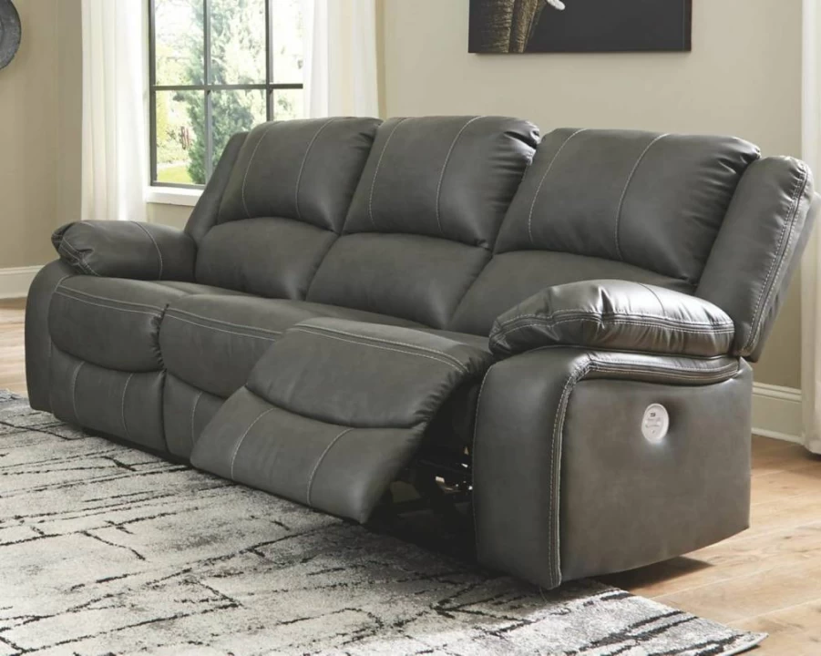 Signature Design by Ashley Calderwell Power Reclining Sofa - Genuine Leather, Adjustable, USB Charging, Gray Modern Living Room Furniture