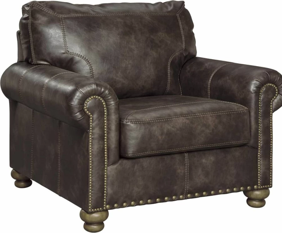Signature Design by Ashley Nicorvo Brown Faux Leather Accent Chair with Gold Nailhead Trim, Traditional Style