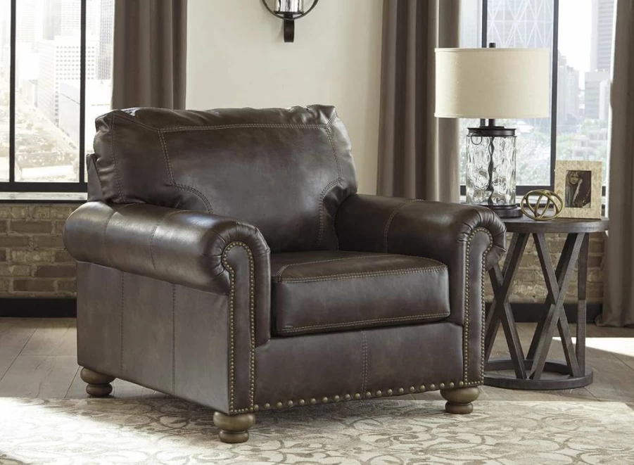 Signature Design by Ashley Nicorvo Brown Faux Leather Accent Chair with Gold Nailhead Trim, Traditional Style