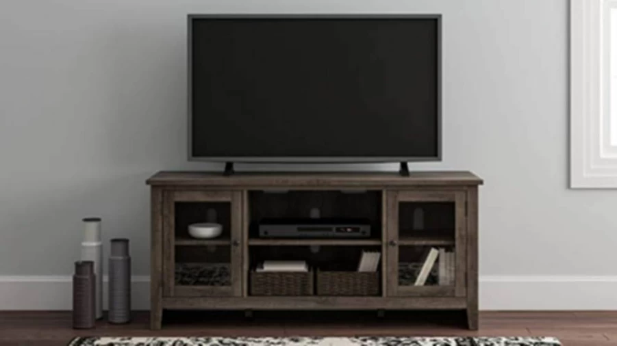Signature Design by Ashley Arlenbry Modern Farmhouse TV Stand with Fireplace, Weathered Gray Finish, Fits 58 Inch TVs, Rustic Living Room Entertainment Center