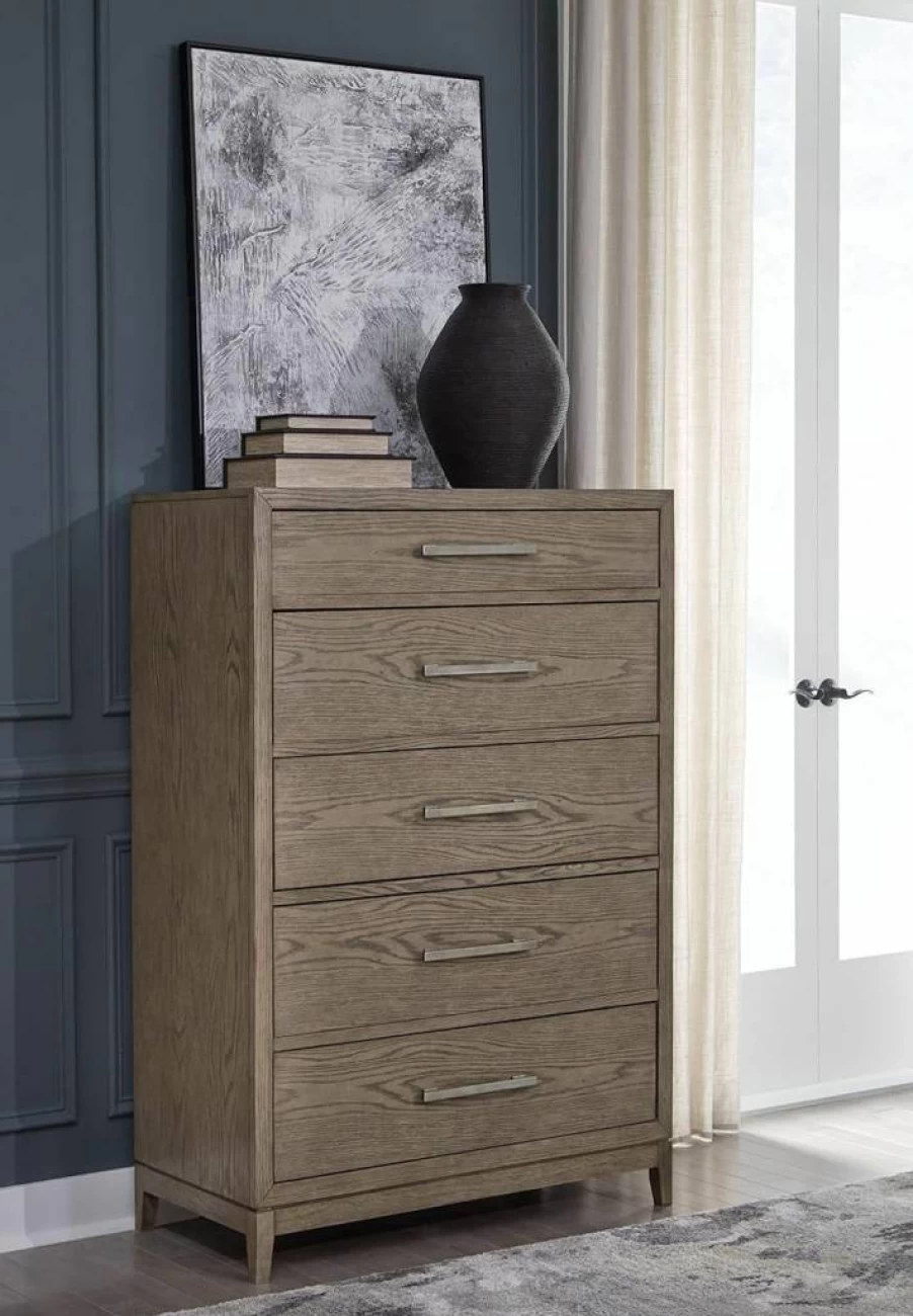Signature Design by Ashley Chrestner 5-Drawer Chest, Modern Brown Dresser for Bedroom Storage